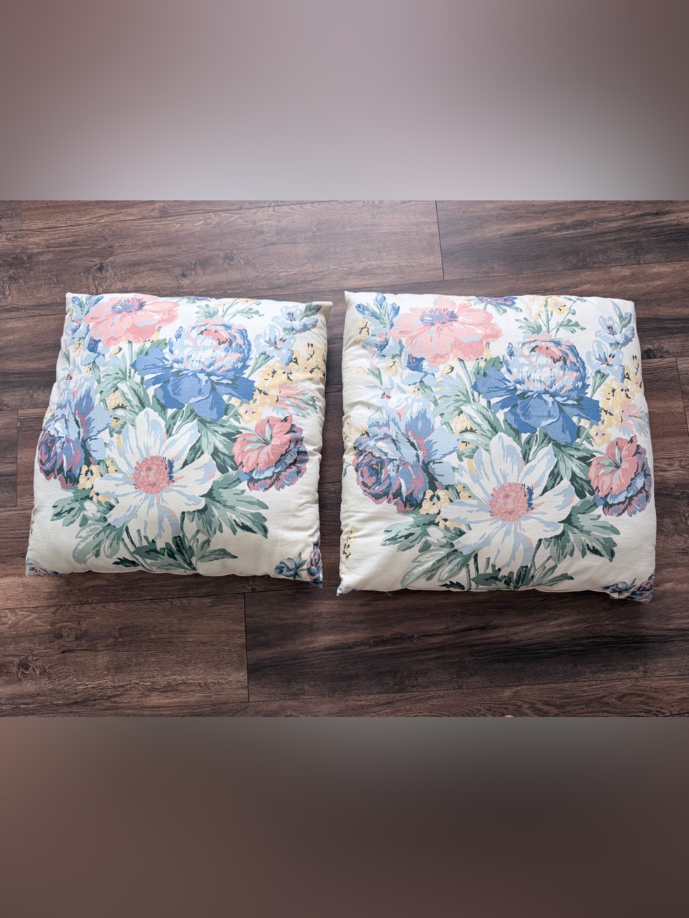 Vintage Floral Accent Throw Pillow Pair - Cream with Blue & Pink Blooms